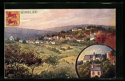 Künstler-AK Neuweilnau, Teilansicht, Kapelle, Wappen