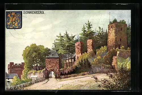 Künstler-AK Wiesbaden-Sonnenberg (westl. Taunus), Burg mit Wappen