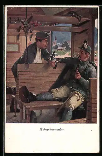 Künstler-AK Fr. Rösler: Kriegskameraden, ein deutscher u. ein österreichischer Soldat rauchen im Zug ihre Pfeifen