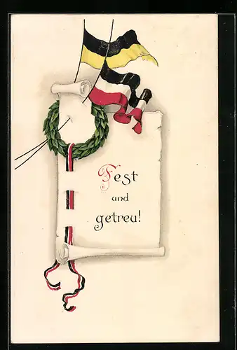 AK Durch Kampf zum Sieg!, Kranz mit Fahnenband und Flaggen