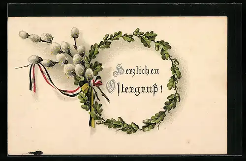AK Eichenlaub und Weidenkätzchen zu Ostern