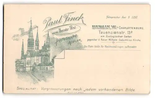 Fotografie Paul Finck, Berlin, Tauenzienstr. 13a, Ansicht Berlin-Charlottenburg, Blick auf die Wilhelm Gedächtniskirche