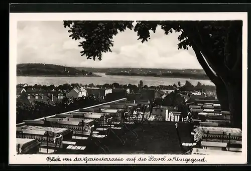 AK Werder, Hotel u. Gaststätte Bismarckhöhe, Blick von der Gartenterrasse auf die Havel u. Umgegend