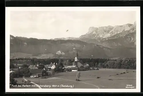 Foto-AK Puch bei Hallein, Gesamtansicht mit Kirche und Untersberg