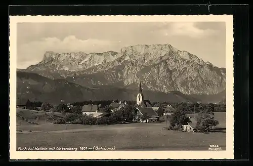 AK Puch bei Hallein mit Untersberg, Ortstotale mit der Kirche