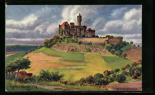 Künstler-AK Ronneburg, Blick von den Feldern hoch zur Burg