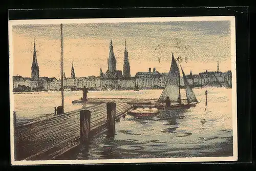 Künstler-AK Hamburg, Seesteg am Ufer, Blick auf die Kirchtürme über der Stadt