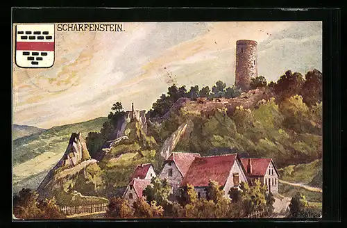 Künstler-AK Scharfenstein /Taunus, Burgruine mit Wappen