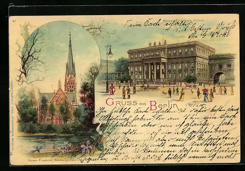 Lithographie Berlin, Kaser Friedrich Palais, Kaiser Friedrich Gedächtniskirche