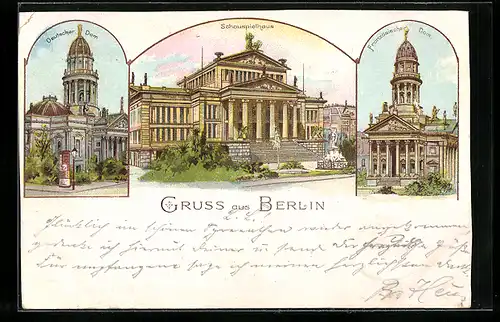 Lithographie Berlin, Schauspielhaus, Deutscher Dom, Französischer Dom, Gendarmenmarkt
