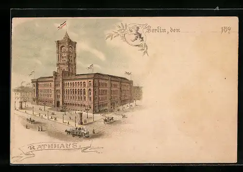 Lithographie Berlin, Rathaus mit Pferdebahn in der Königstrasse