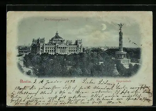 Mondschein-AK Berlin, Reichstagsgebäude und Siegessäule