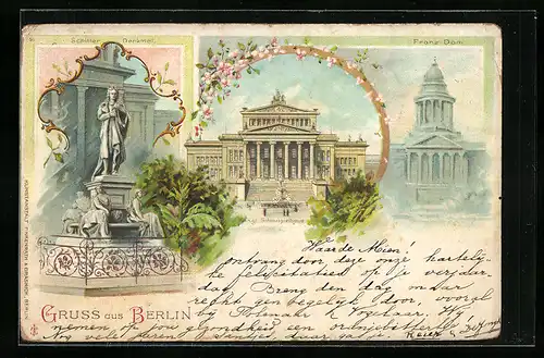 Lithographie Berlin, Gendarmenmarkt, Schiller Denkmal, Königl. Schauspielhaus, Franz Dom