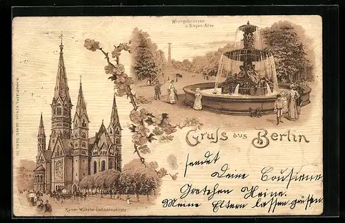 Lithographie Berlin, Kaiser Wilhelm Gedächtniskirche, Wrangelbrunnen u. Sieges-Allee