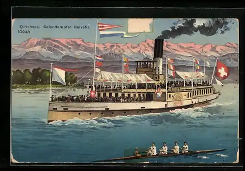 AK Salondampfer Helvetia und Ruderboot auf dem Zürichsee