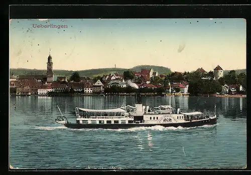 AK Überlingen, Passage des Seitenraddampfers Stadt Ueberlingen