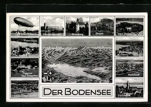 AK Singen, Zeppelin über Friedrichshafen & Lindau mit Hafenpartie