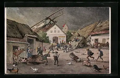 Künstler-AK Aufruhr im Dorf, Notgelandetes Flugzeug