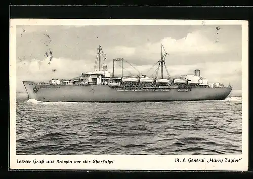 AK Bremen, letzter Gruss der M.S. General Harry Taylor vor der Überfahrt, Passagierschiff