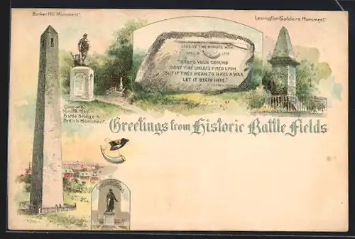 Lithographie Lexington, MA, Historie Battle Fields, Prescott Statue, Soldiers Monument, Unabhängigkeitskrieg