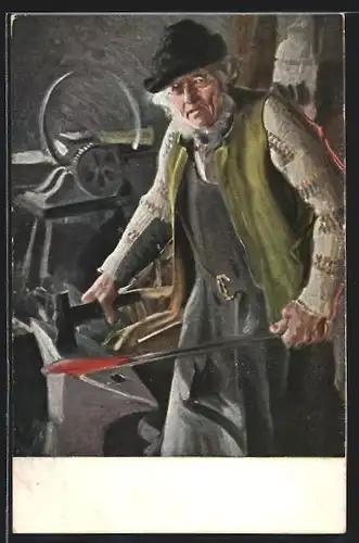 AK Schmied beim Zurechthämmmern eines Stück Eisen