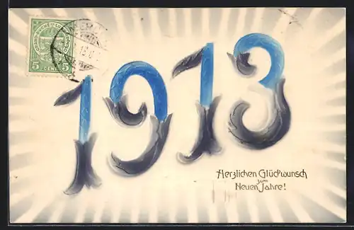 Präge-Airbrush-AK Glückwunsch zum Neuen Jahr mit Jahreszahl in Airbrush