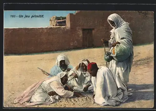 AK Un jeu primitif, arabische Volkstypen spielen im Sand