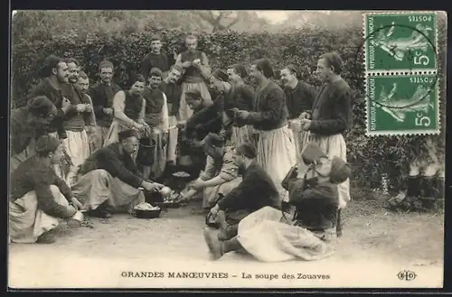 AK Grandes Manoevres, La soupe de Zouaves, arabische Volkstypen
