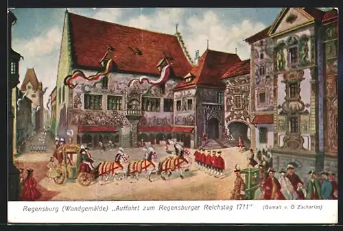 AK Regensburg, Wandgemälde Auffahrt zum Regensburger Reichstag 1711