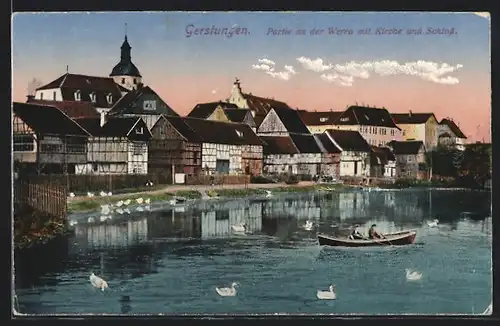 AK Gerstungen, Partie an der Werra mit Kirche und Schloss
