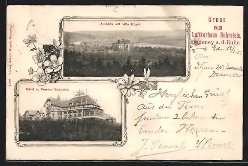 AK Bredeney a. d. Ruhr, Luftkurhaus Ruhrstein, Ausblick auf Villa Hügel, Hotel und Pension Ruhrstein