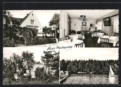 AK Marienheide, Gaststätte und Pension Koch-Haus Margarete mit Innenansicht und Blick auf den See