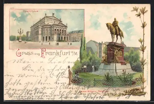 Lithographie Frankfurt a. M., Opernhaus und Kaiser Wilhelm-Denkmal