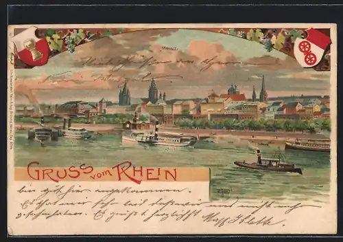 Lithographie Mainz, Teilansicht mit Rheinpartie