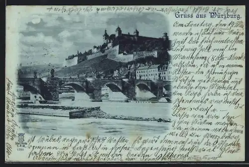 Mondschein-AK Würzburg, Blick zur Festung