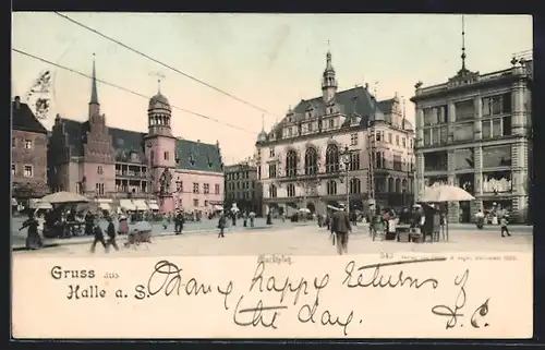 AK Halle a. S., Blick über den Marktplatz mit Martständen und Passanten