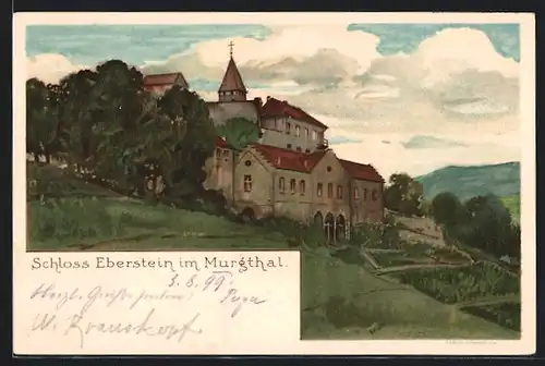 Lithographie Eberstein /Murgtal, Schloss Eberstein im Murgthal