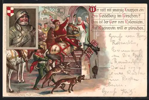 Lithographie Heidelberg, Ritter beim Gasthof Zum Hirschen mit leeren Krügen