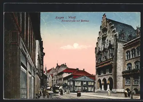 AK Hagen i. Westf., Körnerstrasse mit Rathaus
