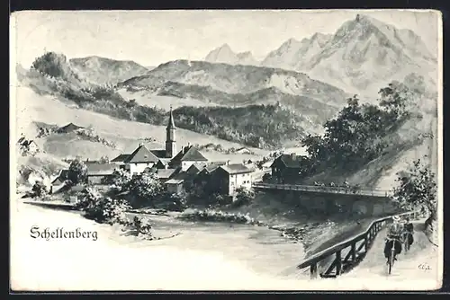 Künstler-AK Schellenberg, Ortsansicht mit Radfahrern