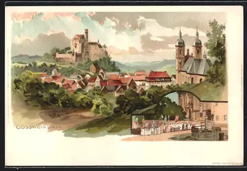 Lithographie Gössweinstein, Generalansicht, Blick zum Schloss, Prozession