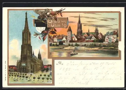 Lithographie Ulm, Münster, Panorama von der Donau aus, Gedicht
