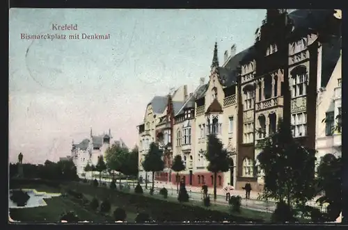AK Krefeld, Bismarckplatz mit Denkmal