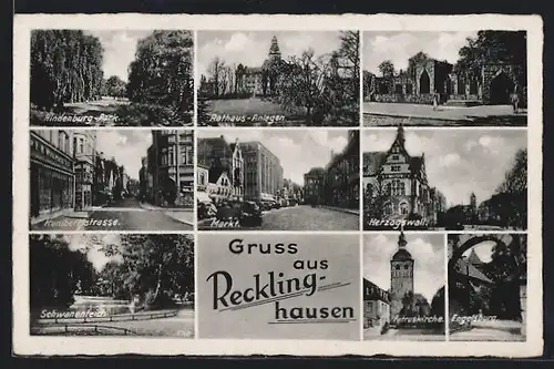AK Recklinghausen, Kunibertstrasse, Petruskirche, Rathaus-Anlagen, Ehrenmal