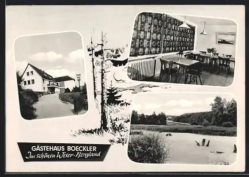 AK Meiborssen / Weserbergland, Gästehaus Boeckler, Innenansicht Gastraum, Partie am See