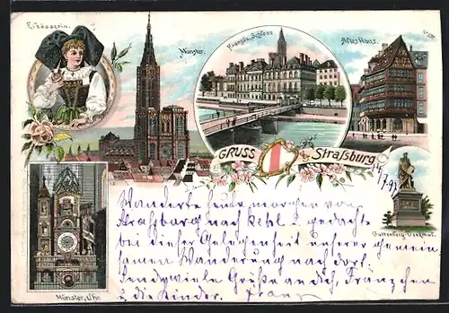 Lithographie Strassburg, Münster, Französ. Schloss, Altes Haus, Elsässerin