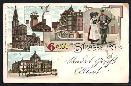 Lithographie Strassburg i. Els., Münster, Kaiserpalast, Das alte Haus