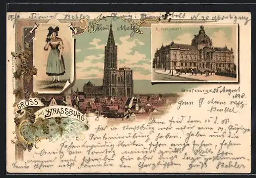 Lithographie Strassburg, Kaiserpalast, Münster, Tracht