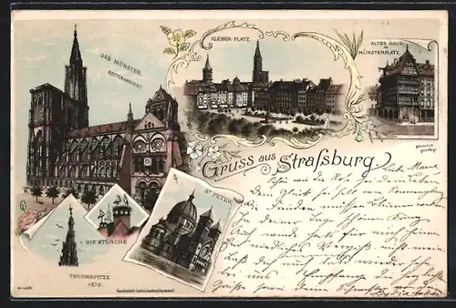 Lithographie Strassburg, St. Peter, Münster Seitenansicht, Kleber-Platz