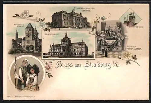 Lithographie Strassburg i. E., Landesausschuss-Gebäude, Kaiserl. Palais